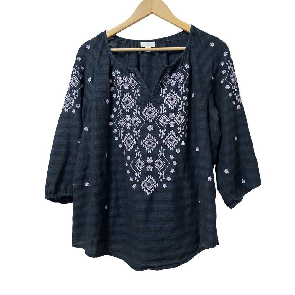 J Jill‎ Womens Embroidered Lightweight Peasant Blouse Size M Navy Boho Prairie